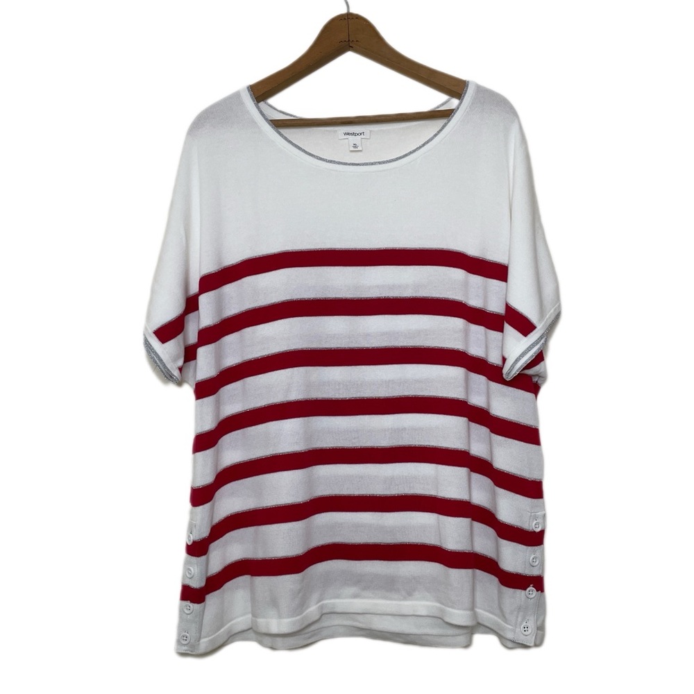 White Red Striped Short Sleeve Scoop Neck Top